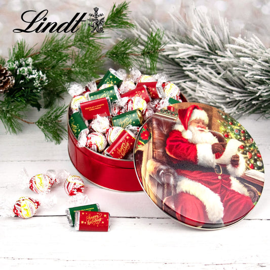 Checking It Twice Christmas Happy Holidays 1lb Tin Hershey's Miniatures & Peppermint Lindt Truffles