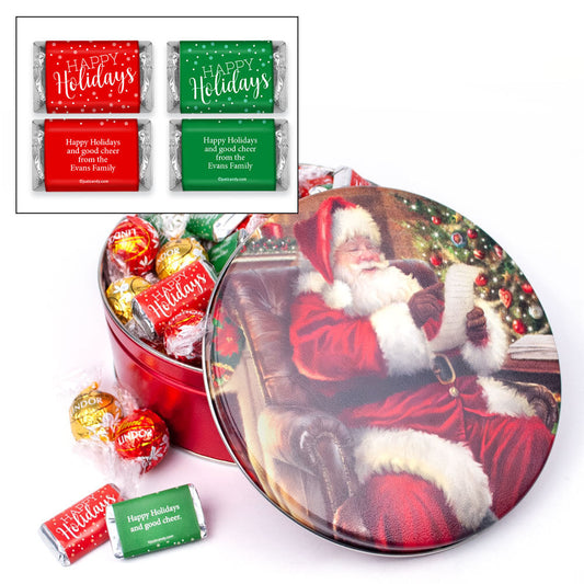 Checking It Twice Christmas Happy Holidays 1lb Tin Personalized Hershey's Miniatures & Lindt Truffles