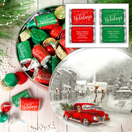 Personalized Snowy Drive 1.5 lb Happy Holidays Hershey's Mix Tin