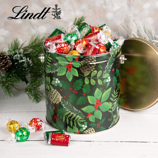 Golden Pinecones Happy Holidays 3lb Tin Hershey's Miniatures & Lindt Truffles