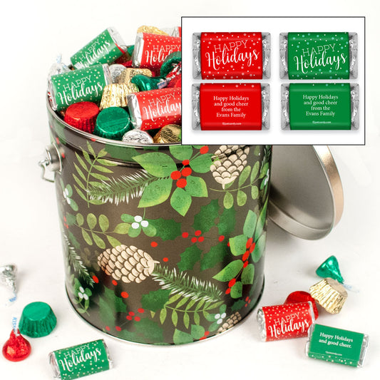 Personalized Golden Pinecones 3.7 lb Happy Holidays Hershey's Mix Tin