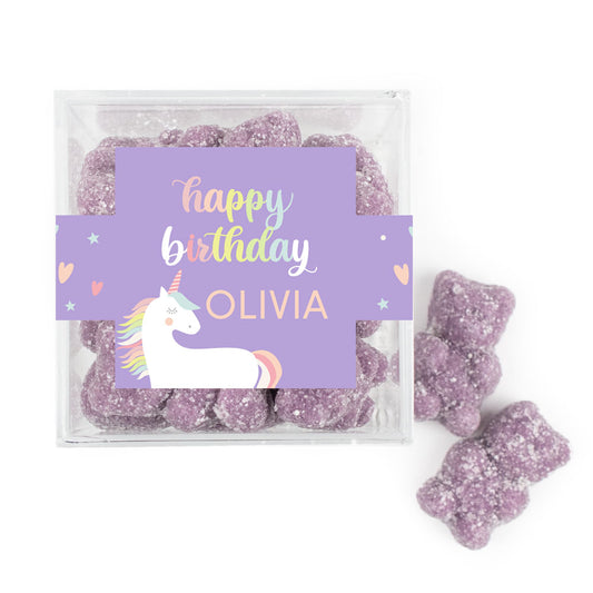 Personalized Unicorn Birthday JUST CANDY� favor cube with Sugar Sanded Gummy Bears Rainbow Unicorn