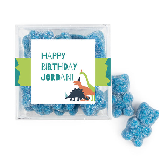 Personalized Dinosaur Birthday JUST CANDY� favor cube with Sugar Sanded Gummy Bears Blue Dino