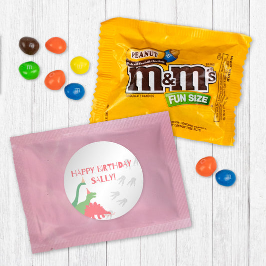 Personalized Kids Birthday Pink Dino Chocolate M&Ms Favor Bag