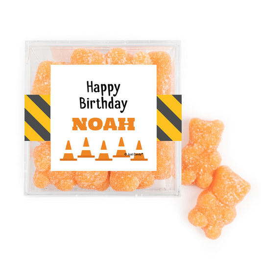 Personalized Construction Birthday JUST CANDY� favor cube with Sugar Sanded Gummy Bears