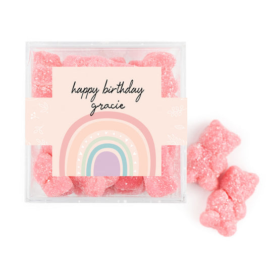 Personalized Rainbow Birthday JUST CANDY� favor cube with Sugar Sanded Gummy Bears Watercolor Rainbows