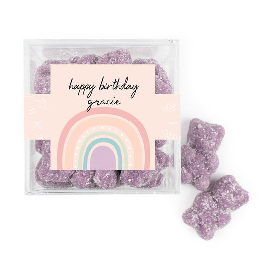 Personalized Rainbow Birthday JUST CANDY� favor cube with Sugar Sanded Gummy Bears Watercolor Rainbows