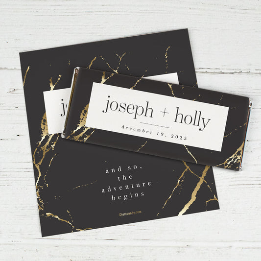 Personalized Wedding Black & Gold Marble Chocolate Bar Wrappers