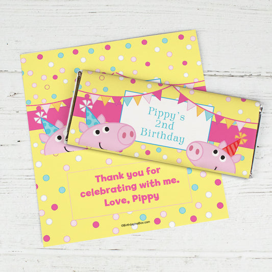 Personalized Birthday Pigs & Dots Chocolate Bar Wrappers