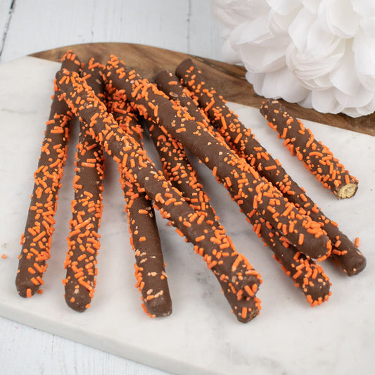 Orange Sprinkle Chocolate Pretzel Rods