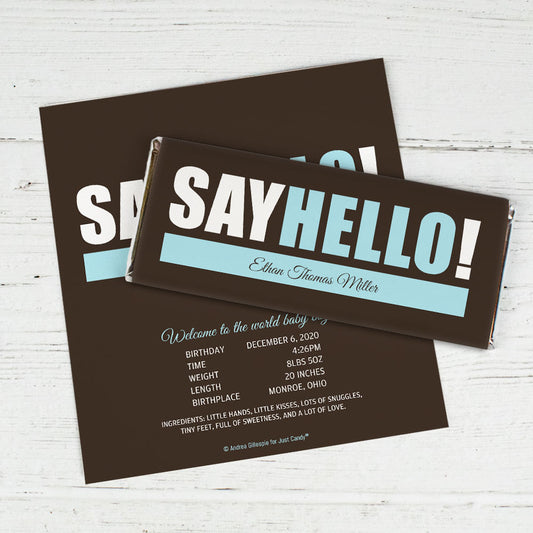 Personalized Say Hello! Baby Boy Birth Announcement Hershey's Chocolate Bar Wrappers