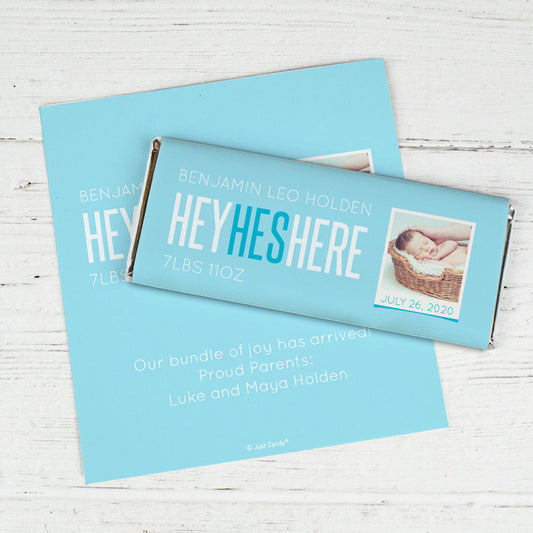 Personalized He's Here! Baby Boy Birth Announcement Hershey's Chocolate Bar Wrappers