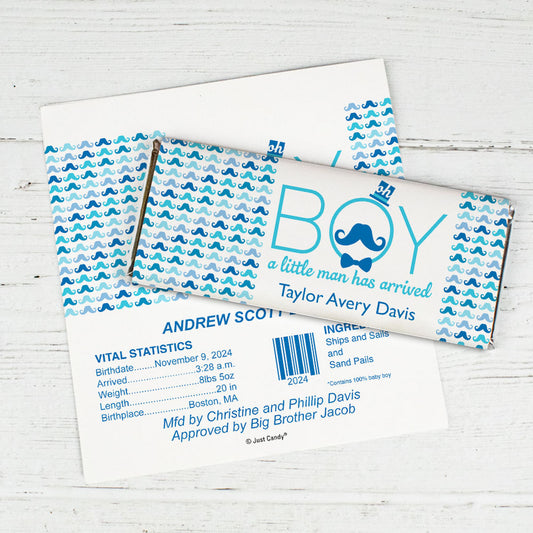 Baby Boy Announcement Personalized Chocolate Bar Wrappers "Oh Boy" Mustache