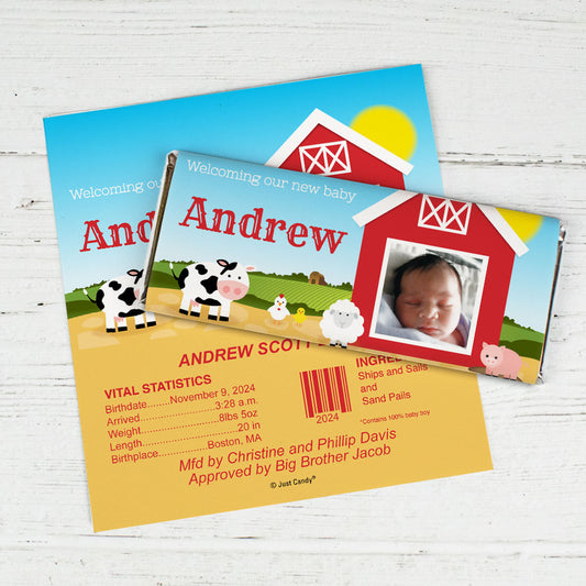 Baby Boy Announcement Personalized Chocolate Bar Wrappers Barnyard with Photo