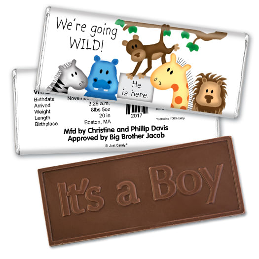 Baby Boy Announcement Personalized Embossed Chocolate Bar Going Wild Jungle Animals