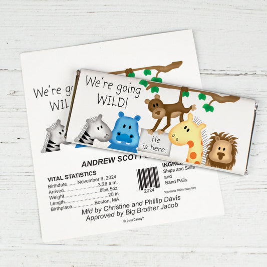 Baby Boy Announcement Personalized Chocolate Bar Wrappers Going Wild Jungle Animals