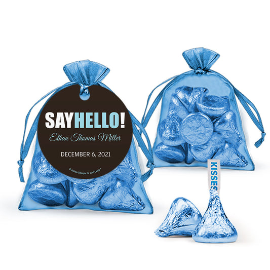 Personalized Boy Birth Announcement Say Hello! Hershey's Kisses Organza Bag with Gift Tag