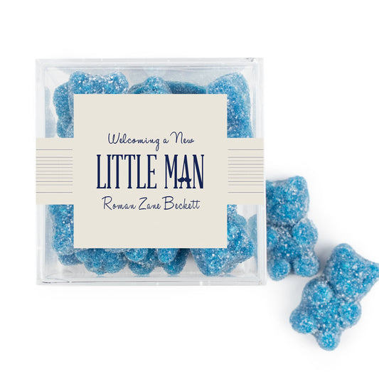 Personalized Boy Birth Announement Welcome a New Little Man JUST CANDY� favor cube with Sugar Sanded Gummy Bears