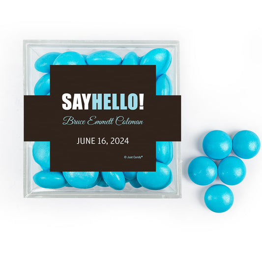 Personalized Boy Birth Announcement Say Hello! JUST CANDY� favor cube with Just Candy Milk Chocolate Minis