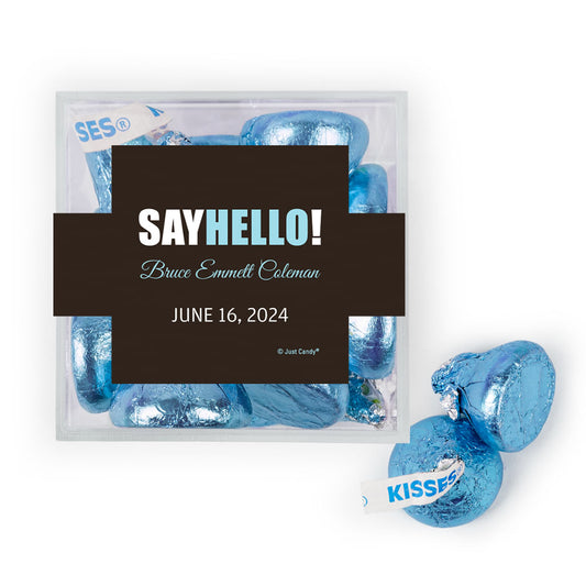 Personalized Boy Birth Announcement Say Hello! JUST CANDY� favor cube with Hershey's Kisses