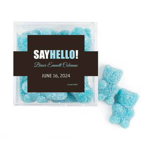 Personalized Boy Birth Announement Say Hello! JUST CANDY� favor cube with Sugar Sanded Gummy Bears