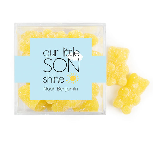 Personalized Boy Birth Announement Our little Sonshine JUST CANDY� favor cube with Sugar Sanded Gummy Bears