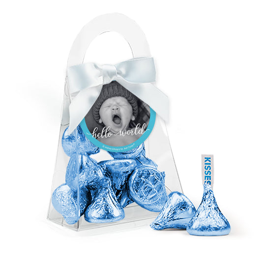 Personalized Baby Shower Hello World Boy Favor Purse with Hershey's Kisses and Bow with Gift Tag