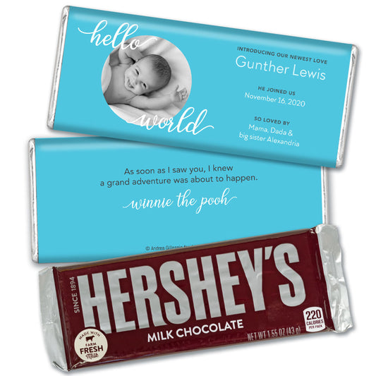 Personalized Hello World Baby Boy Birth Announcement Hershey's Hershey's Milk Chocolate Bar & Wrapper