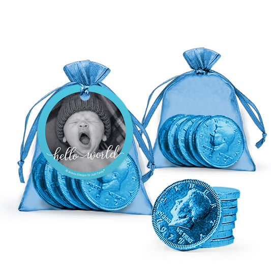 Personalized Boy Birth Announcement Hello World! Chocolate Coins in Organza Bag