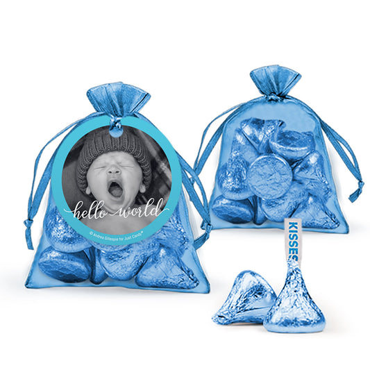 Personalized Boy Birth Announcement Hello World! Hershey's Kisses Organza Bag with Gift Tag