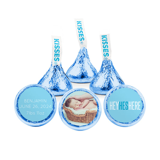 Personalized Boy Birth Announcement He's Here! Hershey's Kisses