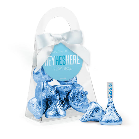 Personalized Baby Shower Hey He's Here Favor Purse with Hershey's Kisses and Bow with Gift Tag