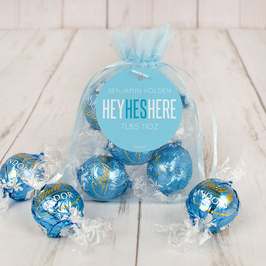 Personalized Boy Birth Announcement Hey He's Here Lindt Truffle Organza Bag