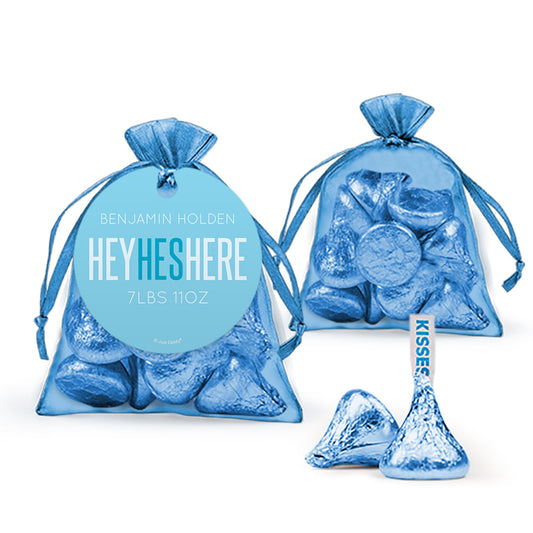 Personalized Boy Birth Announcement He's Here Hershey's Kisses Organza Bag with Gift Tag