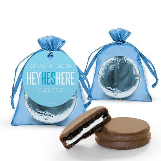 Personalized Boy Birth Announcement He's Here! Chocolate Covered Oreo Organza Bag