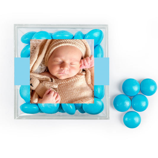 Personalized Boy Birth Announcement Hey's Here! JUST CANDY� favor cube with Just Candy Milk Chocolate Minis