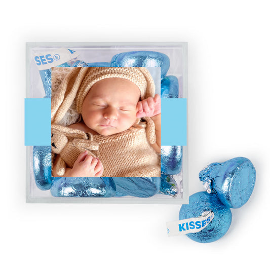 Personalized Boy Birth Announcement He's Here! JUST CANDY� favor cube with Hershey's Kisses