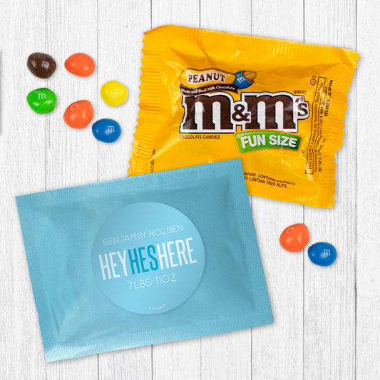 Personalized He's Here Baby Boy Announcement Peanut M&Ms