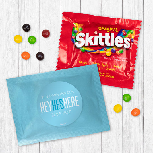 Personalized He's Here Baby Boy Announcement Skittles