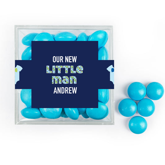 Personalized Boy Birth Announcement Our Little Man JUST CANDY� favor cube with Just Candy Milk Chocolate Minis