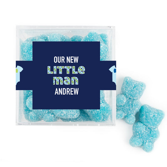 Personalized Boy Birth Announement Little Man JUST CANDY� favor cube with Sugar Sanded Gummy Bears