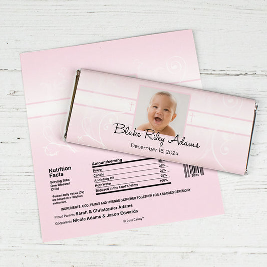 Baptism Personalized Chocolate Bar Wrappers Photo, Cross & Scroll