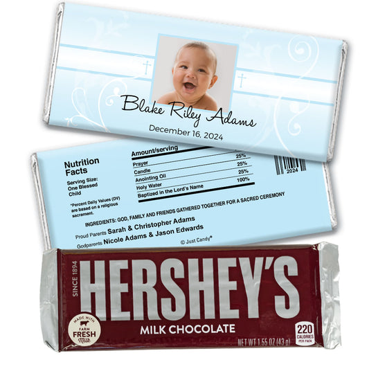 Baptism Personalized Hershey's Milk Chocolate Bar Photo, Cross & Scroll