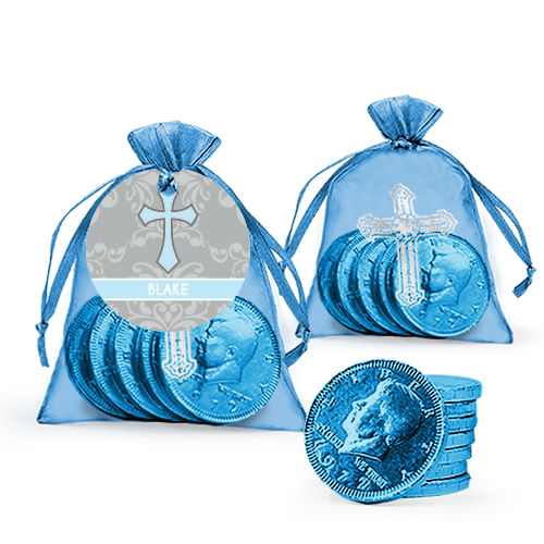 Personalized Baptism Framed Cross Milk Chocolate Coins in Organza Bags with Gift Tag