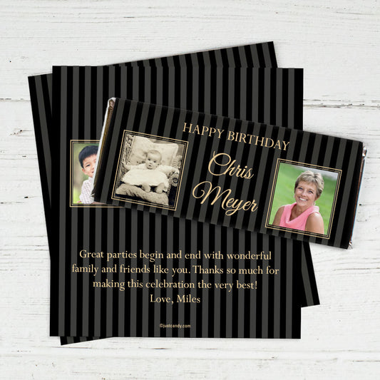 Birthday Personalized Chocolate Bar Wrappers Pinstripe Then and Now Photos