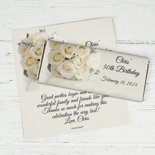 Birthday Personalized Chocolate Bar Wrappers Classic White Rose Bouquet