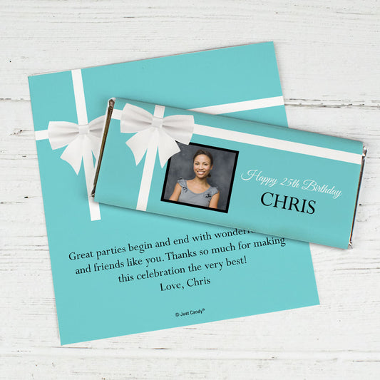 Birthday Personalized Chocolate Bar Wrappers Tiffany Style Bow Photo