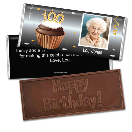 100th Birthday Personalized Embossed Chocolate Bar Cupcake & Year Photo