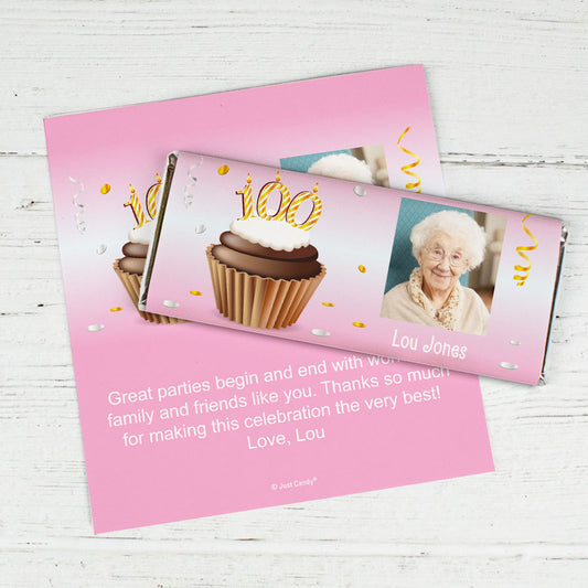 100th Birthday Personalized Chocolate Bar Wrappers Cupcake & Year Photo