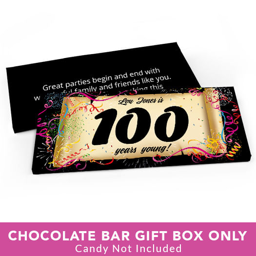 Deluxe Personalized Birthday 100th Confetti Birthday Candy Bar Favor Box